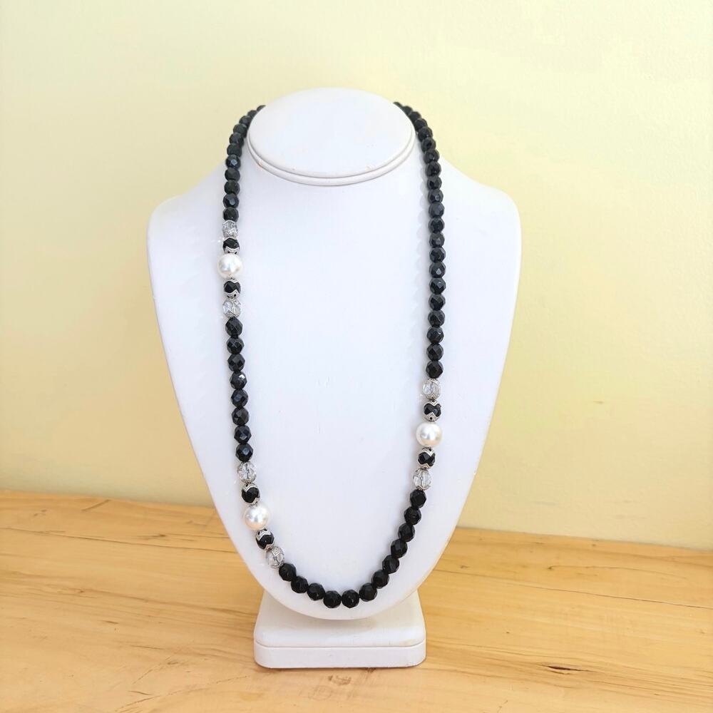 Vtg Art Deco Faceted Black Glass Faux Pearl Bead Necklace Classic Chic Station